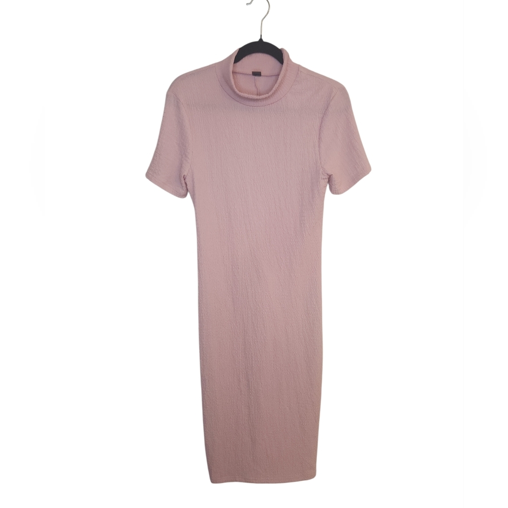 NWOT SHEIN Mulvari Baby Pink Mock Neck Slit Back Bodycon Midi Dress Size M